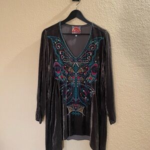 Johnny Was Grey Velvet Tunic with Colorful Embroidery
